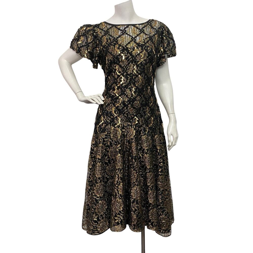 90s Black And Gold Lace Dropped Waist Dress Goth Whimsical Wedding Homecoming